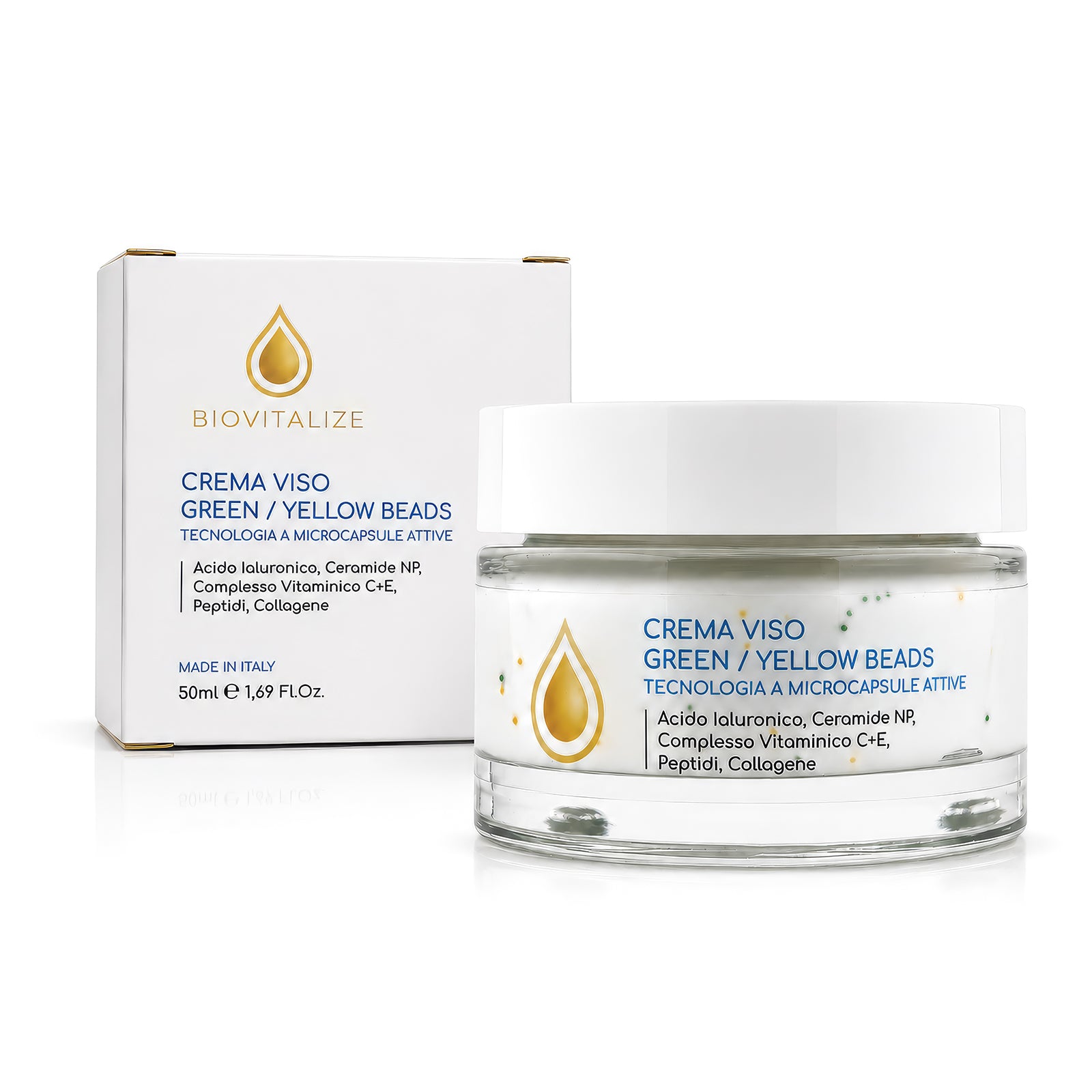 Crema Viso Illuminante, Collagene e peptidi 50ml | Beads Gialle e Verdi, Vitamina C, Vitamina E, Collagene, Burro di Karité, Peptidi, Ceramidi NP, Idratante Anti-Età