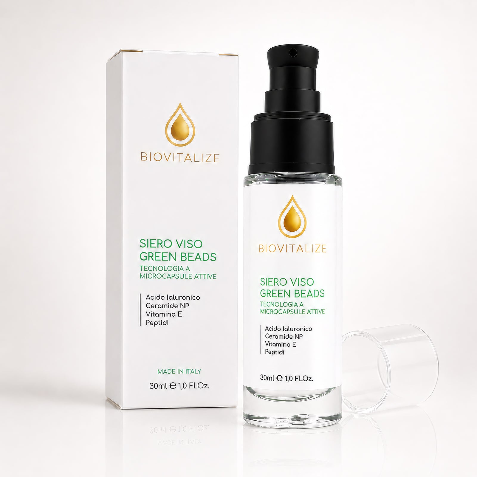 Siero Viso con Microsfere Verdi Illuminanti, Acido Ialuronico, Peptidi e Ceramide NP - Trattamento Viso Anti-Età e Antiossidante con Vitamina E - Idratazione Profonda ed Elasticizzante