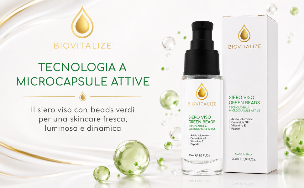 Siero Viso con Microsfere Verdi Illuminanti, Acido Ialuronico, Peptidi e Ceramide NP - Trattamento Viso Anti-Età e Antiossidante con Vitamina E - Idratazione Profonda ed Elasticizzante