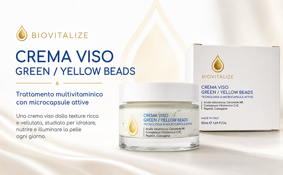 Crema Viso Illuminante, Collagene e peptidi 50ml | Beads Gialle e Verdi, Vitamina C, Vitamina E, Collagene, Burro di Karité, Peptidi, Ceramidi NP, Idratante Anti-Età