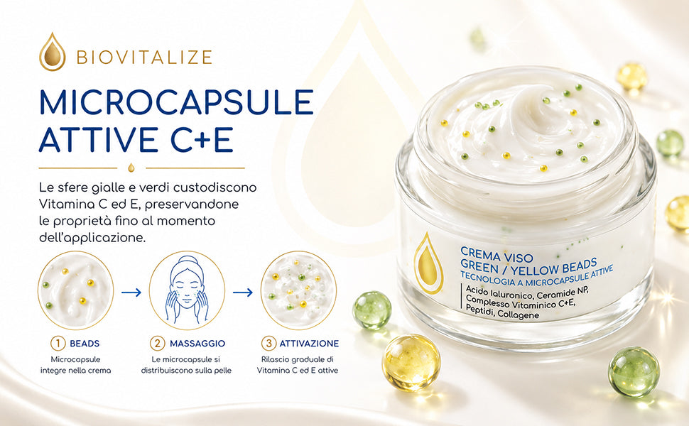 Crema Viso Illuminante, Collagene e peptidi 50ml | Beads Gialle e Verdi, Vitamina C, Vitamina E, Collagene, Burro di Karité, Peptidi, Ceramidi NP, Idratante Anti-Età