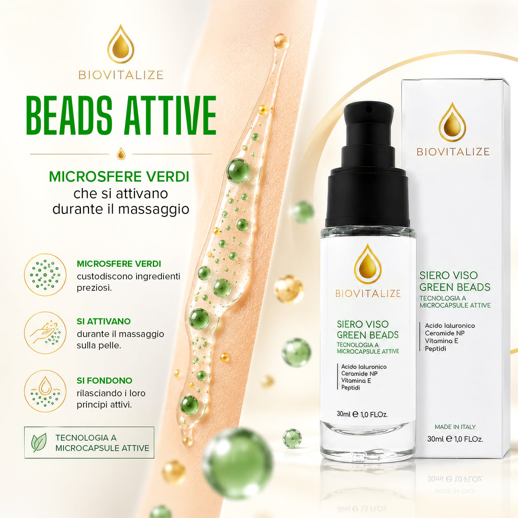 Siero Viso con Microsfere Verdi Illuminanti, Acido Ialuronico, Peptidi e Ceramide NP - Trattamento Viso Anti-Età e Antiossidante con Vitamina E - Idratazione Profonda ed Elasticizzante