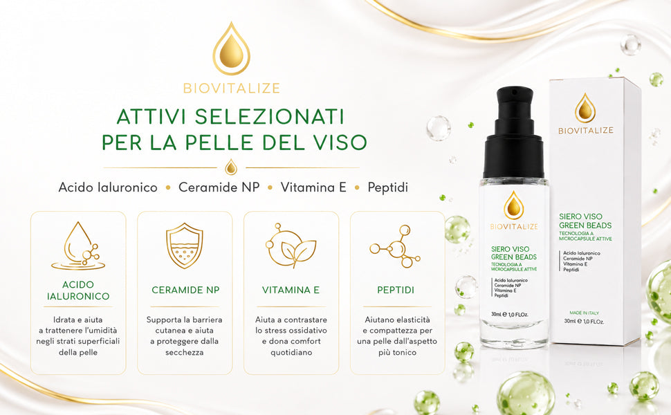 Siero Viso con Microsfere Verdi Illuminanti, Acido Ialuronico, Peptidi e Ceramide NP - Trattamento Viso Anti-Età e Antiossidante con Vitamina E - Idratazione Profonda ed Elasticizzante
