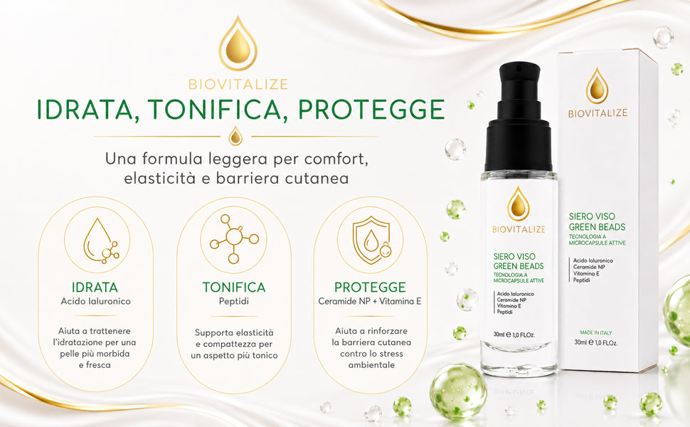 Siero Viso con Microsfere Verdi Illuminanti, Acido Ialuronico, Peptidi e Ceramide NP - Trattamento Viso Anti-Età e Antiossidante con Vitamina E - Idratazione Profonda ed Elasticizzante