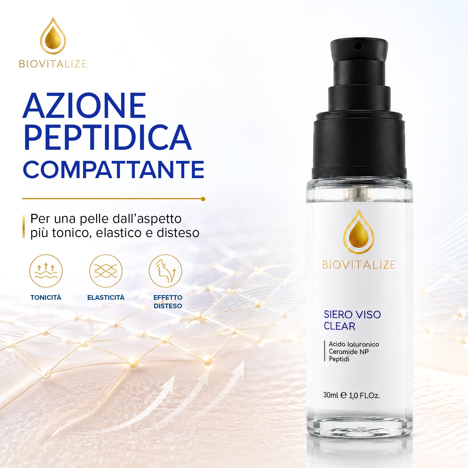 Siero Viso Rimpolpante con Acido Ialuronico Puro, Peptidi e Ceramidi NP - Trattamento Anti-Età Idratante Profondo per Viso e Decollo - Effetto Tonicizzante