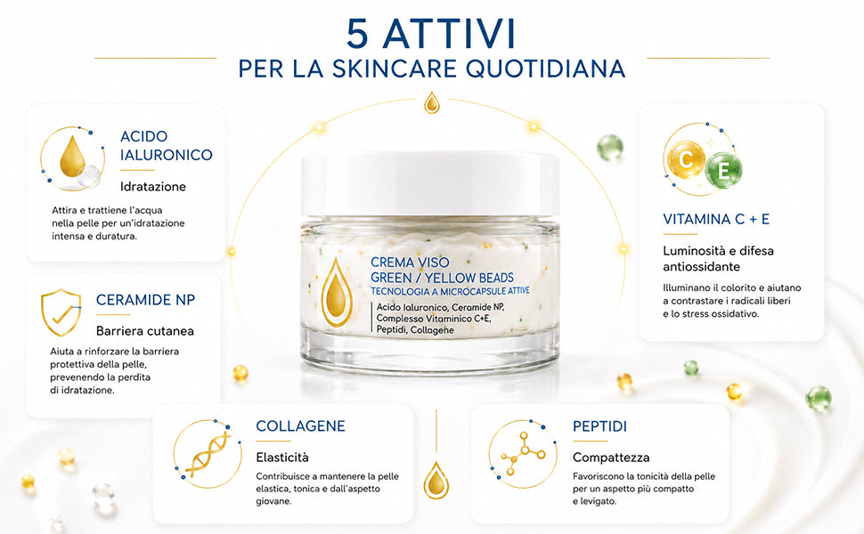 Crema Viso Illuminante, Collagene e peptidi 50ml | Beads Gialle e Verdi, Vitamina C, Vitamina E, Collagene, Burro di Karité, Peptidi, Ceramidi NP, Idratante Anti-Età