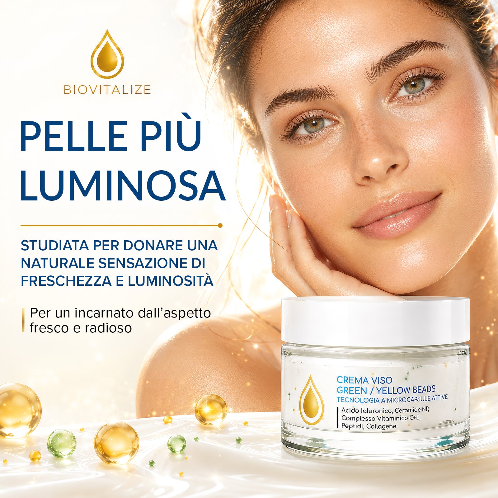 Crema Viso Illuminante, Collagene e peptidi 50ml | Beads Gialle e Verdi, Vitamina C, Vitamina E, Collagene, Burro di Karité, Peptidi, Ceramidi NP, Idratante Anti-Età