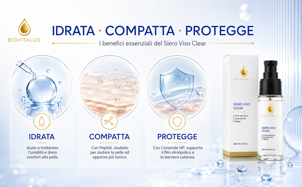 Siero Viso Rimpolpante con Acido Ialuronico Puro, Peptidi e Ceramidi NP - Trattamento Anti-Età Idratante Profondo per Viso e Decollo - Effetto Tonicizzante