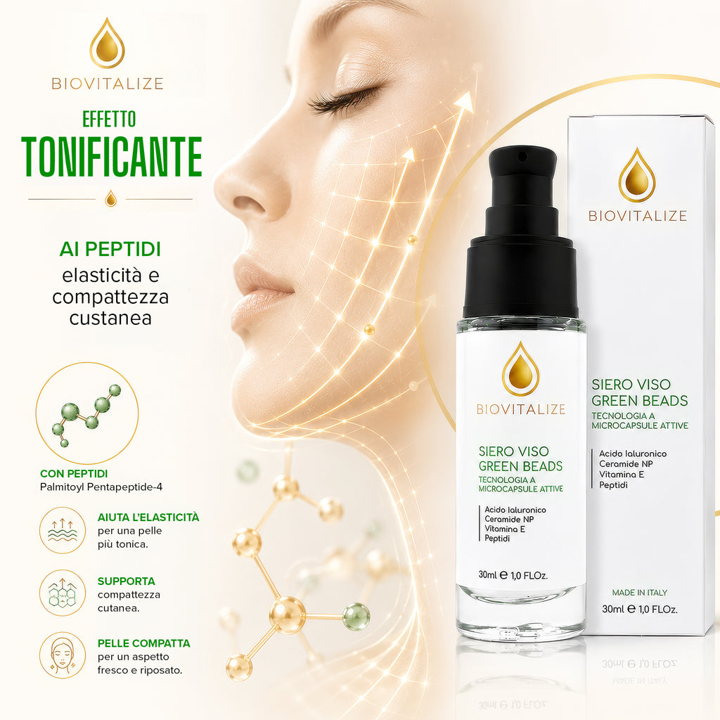 Siero Viso con Microsfere Verdi Illuminanti, Acido Ialuronico, Peptidi e Ceramide NP - Trattamento Viso Anti-Età e Antiossidante con Vitamina E - Idratazione Profonda ed Elasticizzante