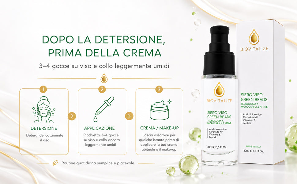 Siero Viso con Microsfere Verdi Illuminanti, Acido Ialuronico, Peptidi e Ceramide NP - Trattamento Viso Anti-Età e Antiossidante con Vitamina E - Idratazione Profonda ed Elasticizzante