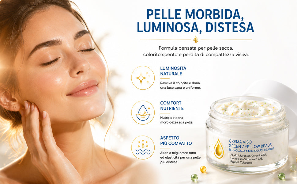 Crema Viso Illuminante, Collagene e peptidi 50ml | Beads Gialle e Verdi, Vitamina C, Vitamina E, Collagene, Burro di Karité, Peptidi, Ceramidi NP, Idratante Anti-Età