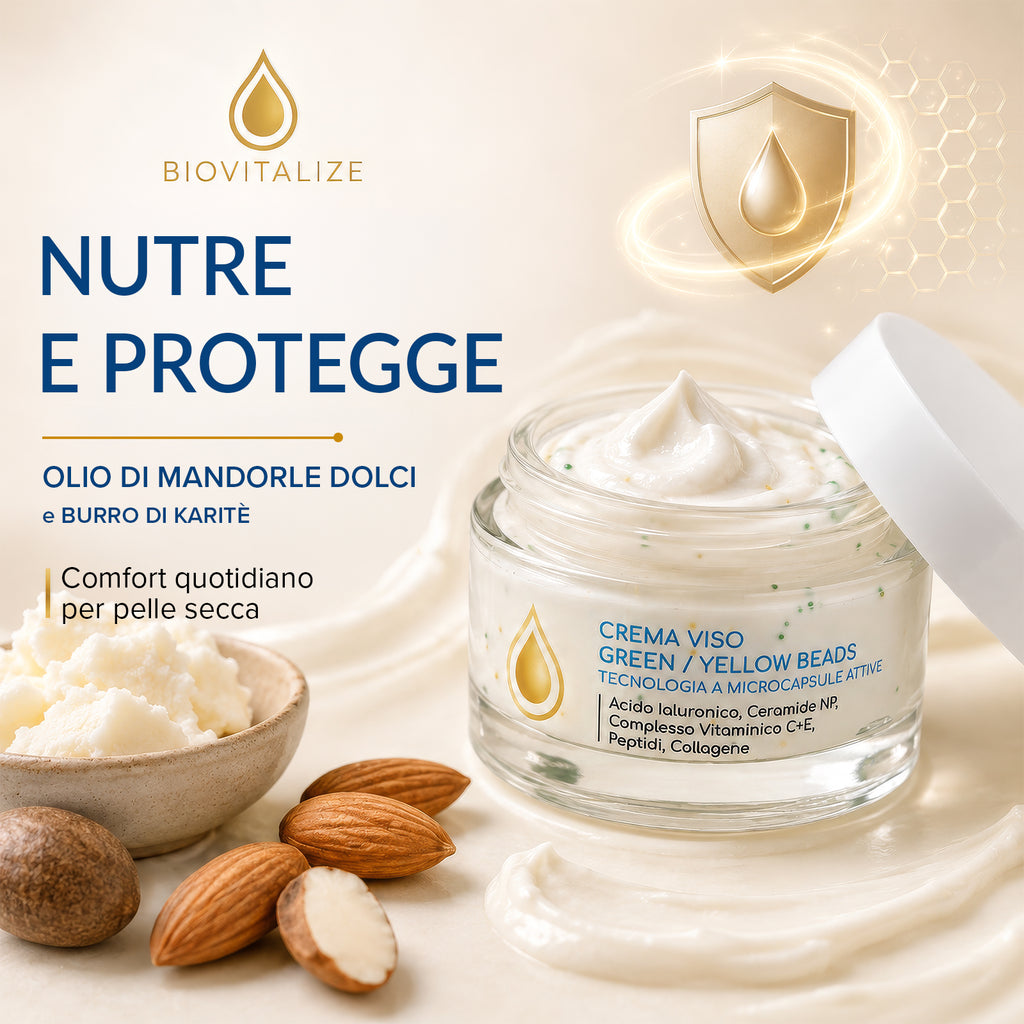Crema Viso Illuminante, Collagene e peptidi 50ml | Beads Gialle e Verdi, Vitamina C, Vitamina E, Collagene, Burro di Karité, Peptidi, Ceramidi NP, Idratante Anti-Età