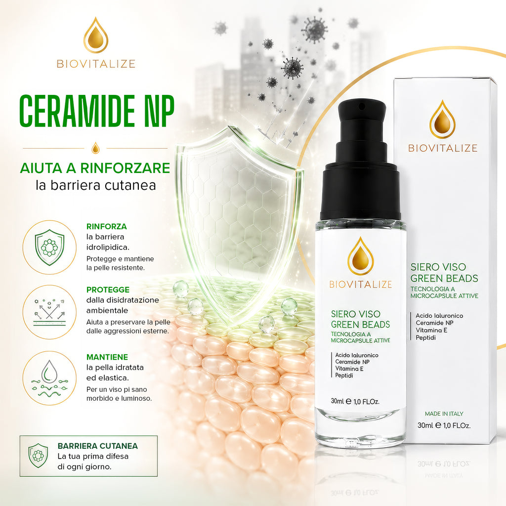 Siero Viso con Microsfere Verdi Illuminanti, Acido Ialuronico, Peptidi e Ceramide NP - Trattamento Viso Anti-Età e Antiossidante con Vitamina E - Idratazione Profonda ed Elasticizzante
