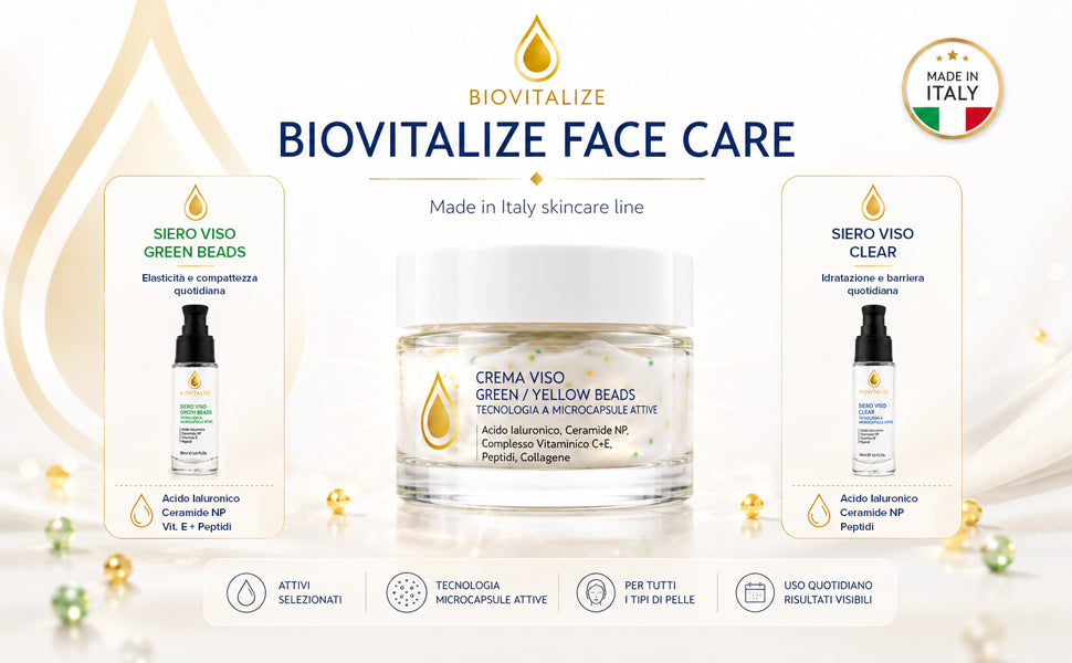 Crema Viso Illuminante, Collagene e peptidi 50ml | Beads Gialle e Verdi, Vitamina C, Vitamina E, Collagene, Burro di Karité, Peptidi, Ceramidi NP, Idratante Anti-Età