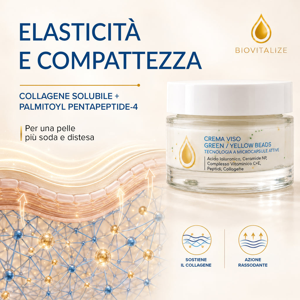 Crema Viso Illuminante, Collagene e peptidi 50ml | Beads Gialle e Verdi, Vitamina C, Vitamina E, Collagene, Burro di Karité, Peptidi, Ceramidi NP, Idratante Anti-Età