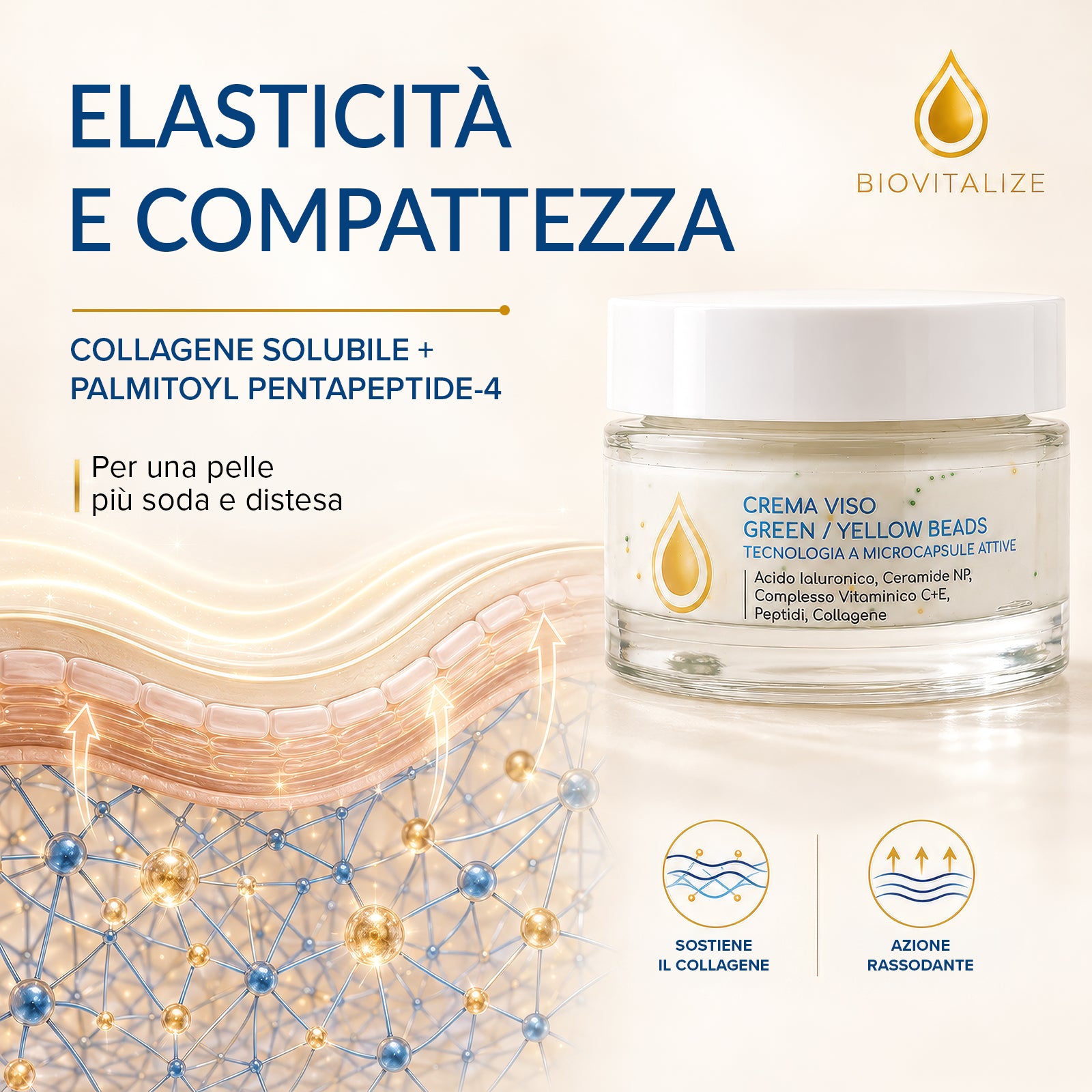 Crema Viso Illuminante, Collagene e peptidi 50ml | Beads Gialle e Verdi, Vitamina C, Vitamina E, Collagene, Burro di Karité, Peptidi, Ceramidi NP, Idratante Anti-Età