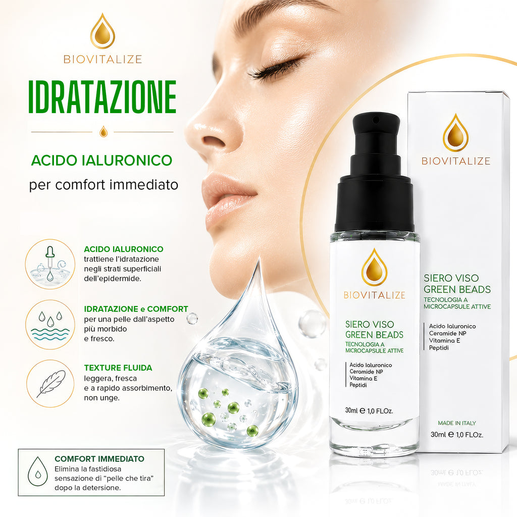 Siero Viso con Microsfere Verdi Illuminanti, Acido Ialuronico, Peptidi e Ceramide NP - Trattamento Viso Anti-Età e Antiossidante con Vitamina E - Idratazione Profonda ed Elasticizzante