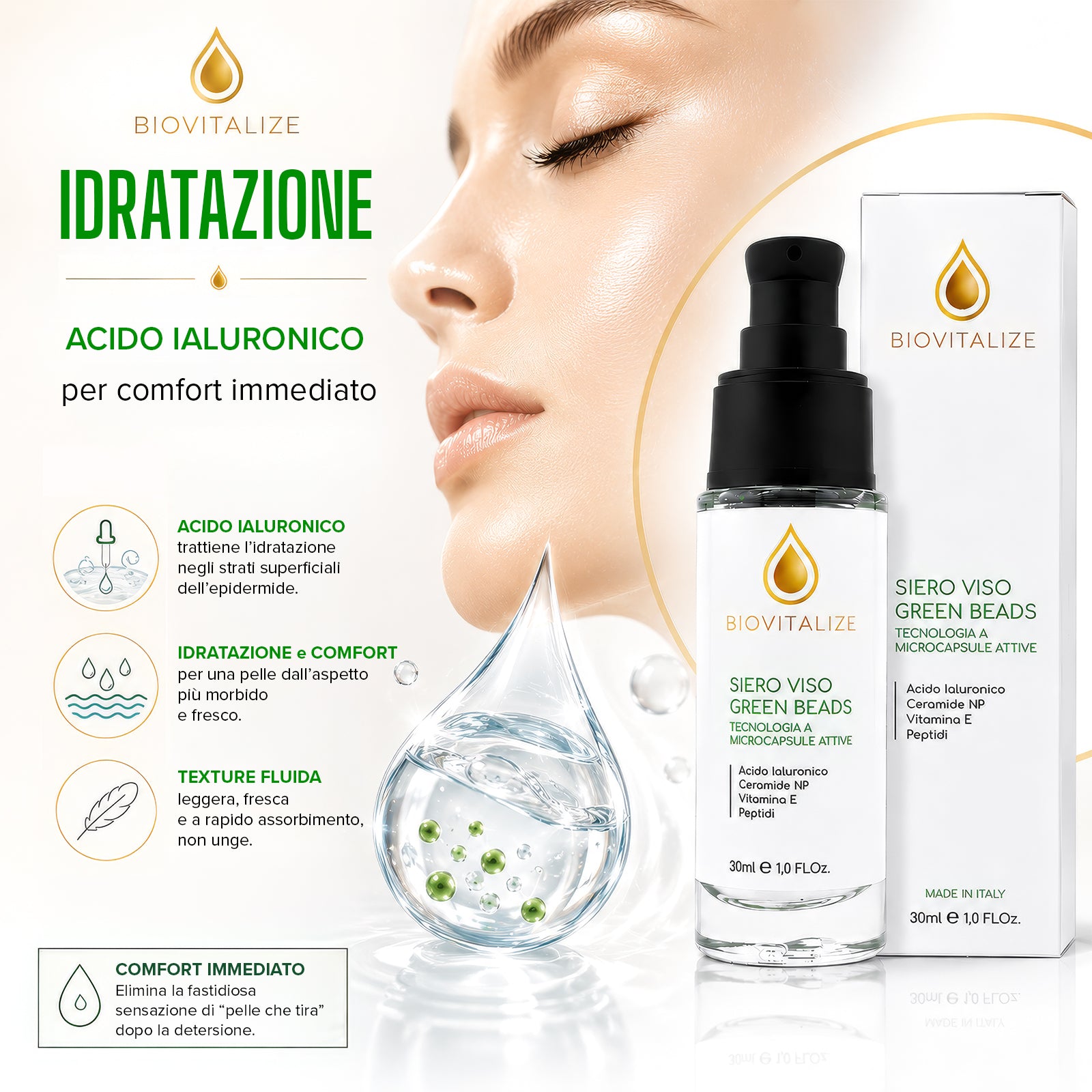 Siero Viso con Microsfere Verdi Illuminanti, Acido Ialuronico, Peptidi e Ceramide NP - Trattamento Viso Anti-Età e Antiossidante con Vitamina E - Idratazione Profonda ed Elasticizzante