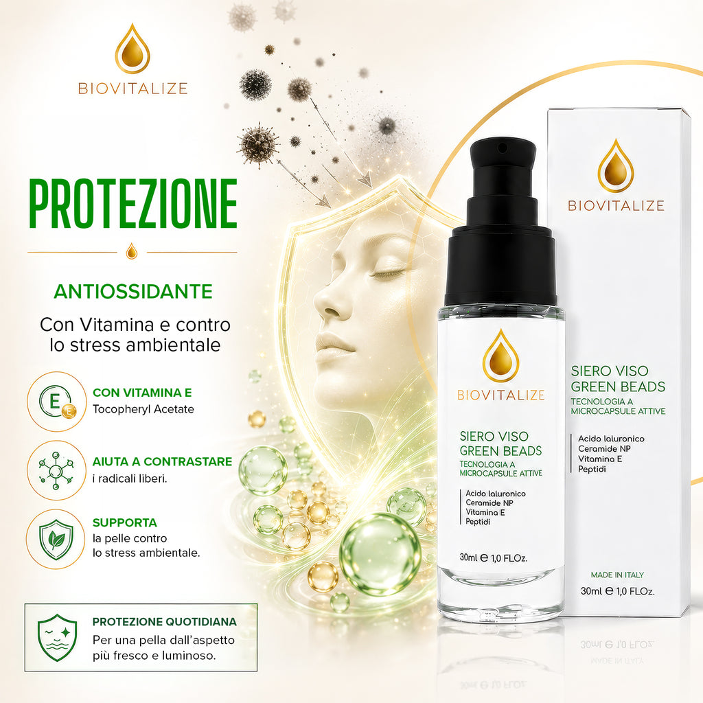 Siero Viso con Microsfere Verdi Illuminanti, Acido Ialuronico, Peptidi e Ceramide NP - Trattamento Viso Anti-Età e Antiossidante con Vitamina E - Idratazione Profonda ed Elasticizzante
