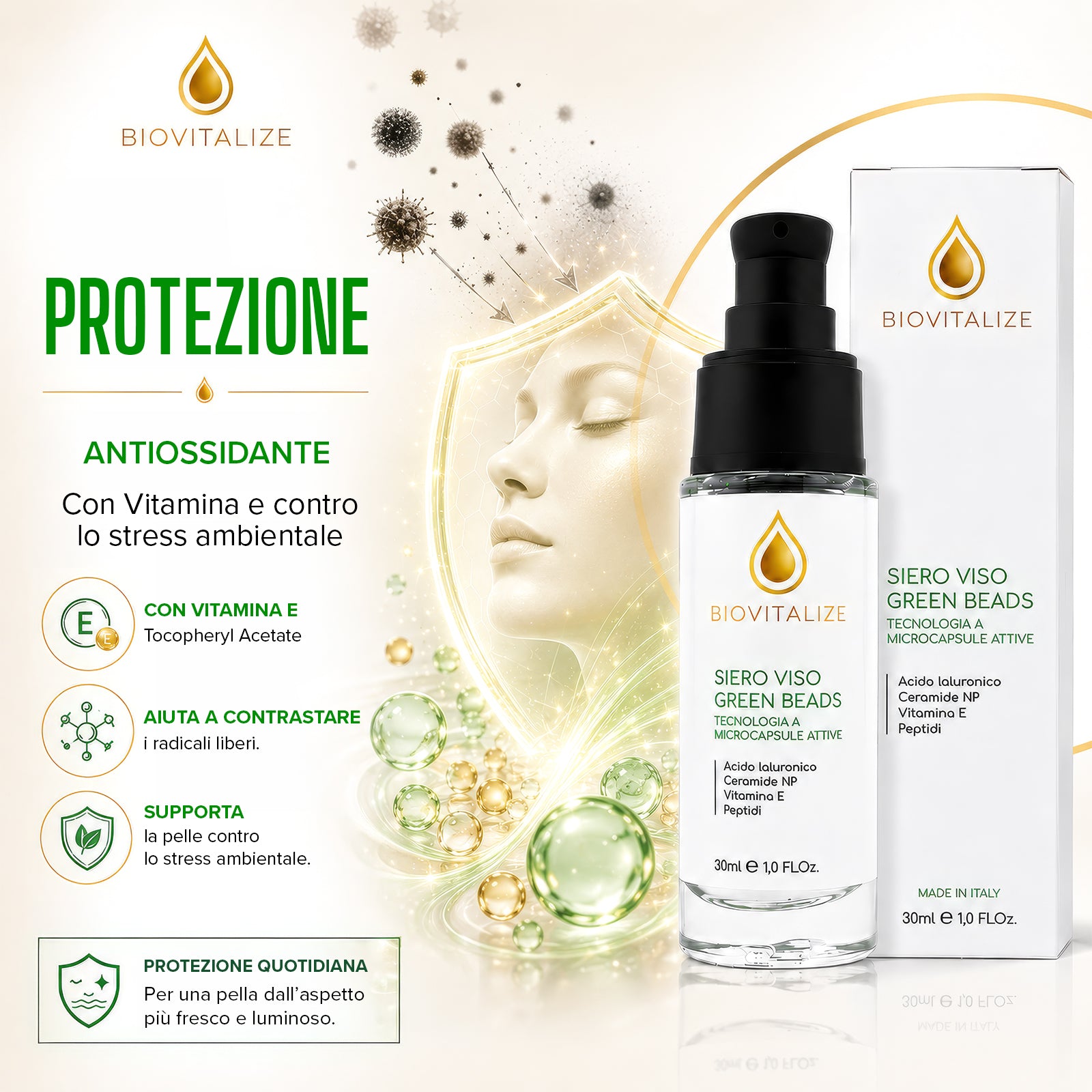 Siero Viso con Microsfere Verdi Illuminanti, Acido Ialuronico, Peptidi e Ceramide NP - Trattamento Viso Anti-Età e Antiossidante con Vitamina E - Idratazione Profonda ed Elasticizzante