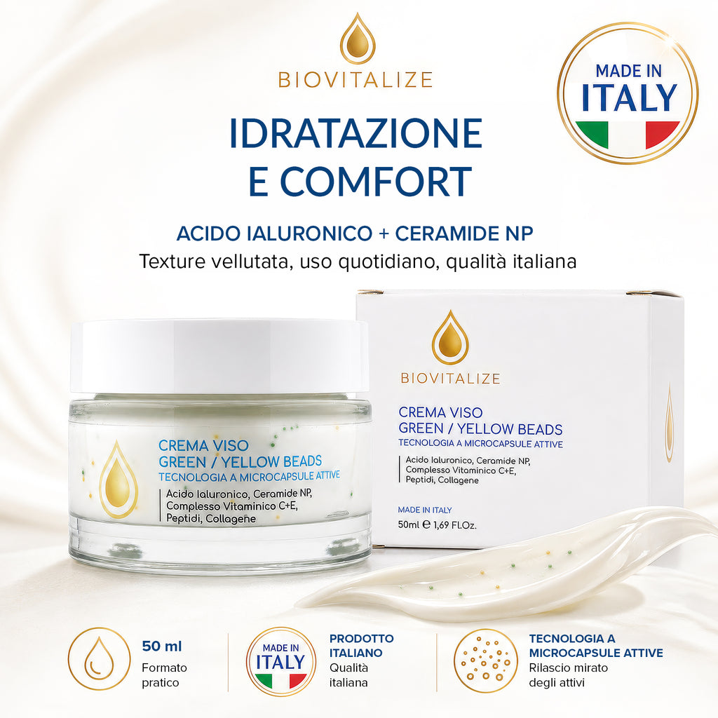 Crema Viso Illuminante, Collagene e peptidi 50ml | Beads Gialle e Verdi, Vitamina C, Vitamina E, Collagene, Burro di Karité, Peptidi, Ceramidi NP, Idratante Anti-Età