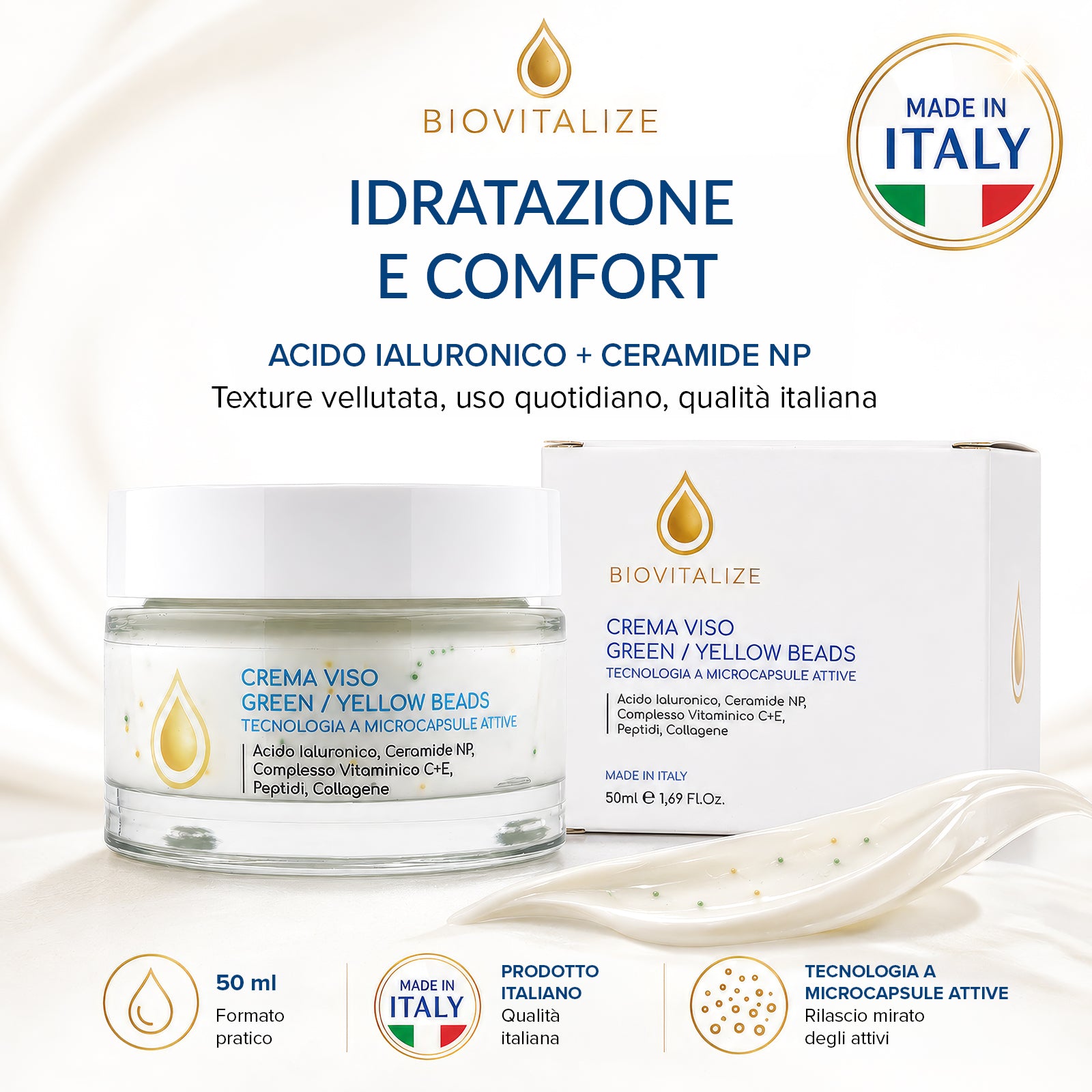 Crema Viso Illuminante, Collagene e peptidi 50ml | Beads Gialle e Verdi, Vitamina C, Vitamina E, Collagene, Burro di Karité, Peptidi, Ceramidi NP, Idratante Anti-Età