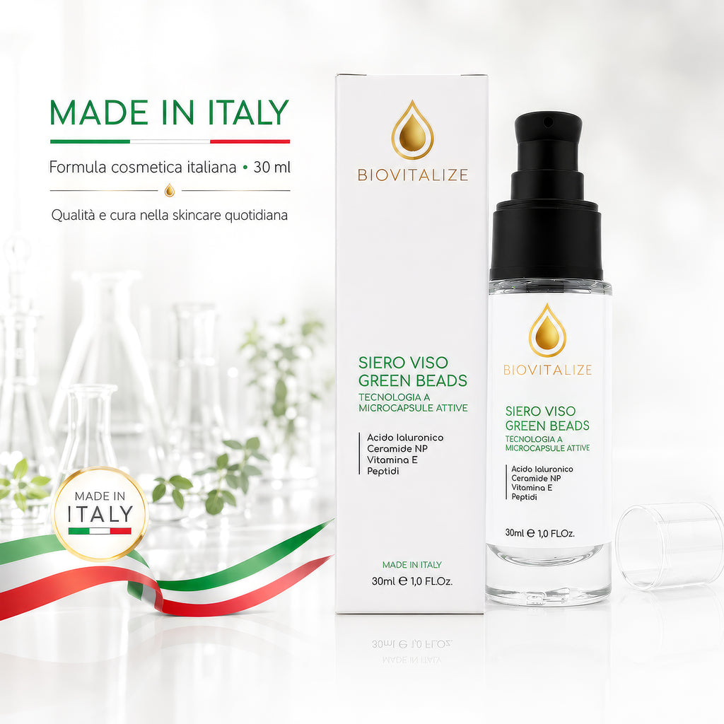 Siero Viso con Microsfere Verdi Illuminanti, Acido Ialuronico, Peptidi e Ceramide NP - Trattamento Viso Anti-Età e Antiossidante con Vitamina E - Idratazione Profonda ed Elasticizzante