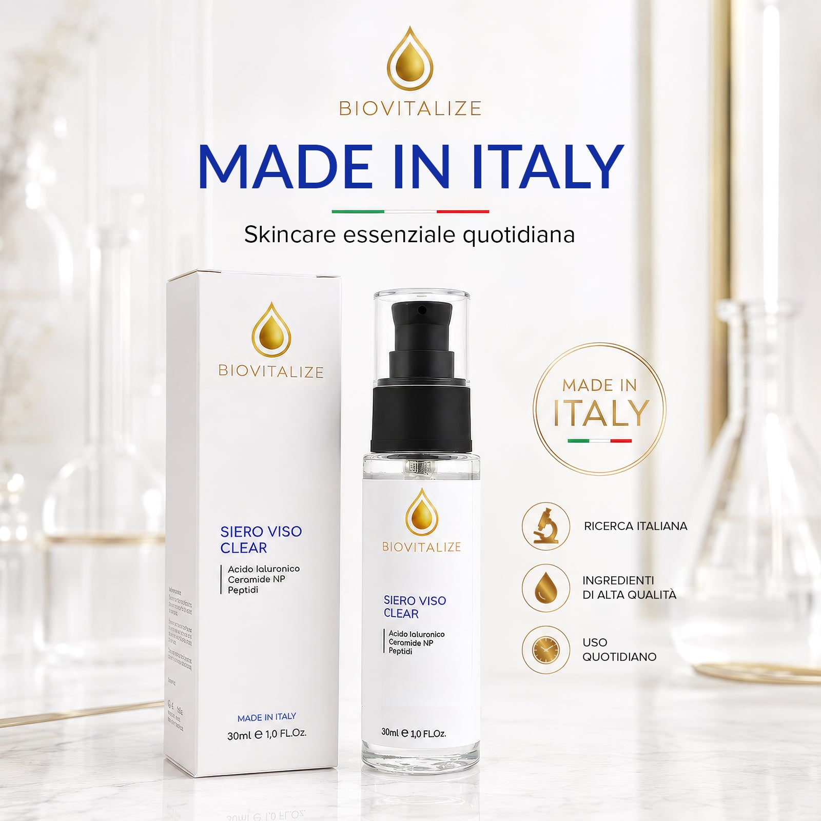 Siero Viso Rimpolpante con Acido Ialuronico Puro, Peptidi e Ceramidi NP - Trattamento Anti-Età Idratante Profondo per Viso e Decollo - Effetto Tonicizzante