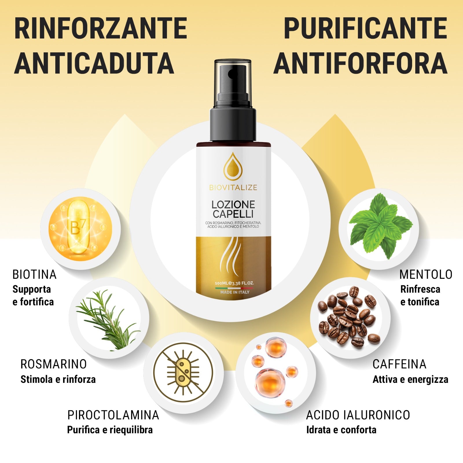 Lozione Capelli al Rosmarino con Biotina, Caffeina, Acido Ialuronico