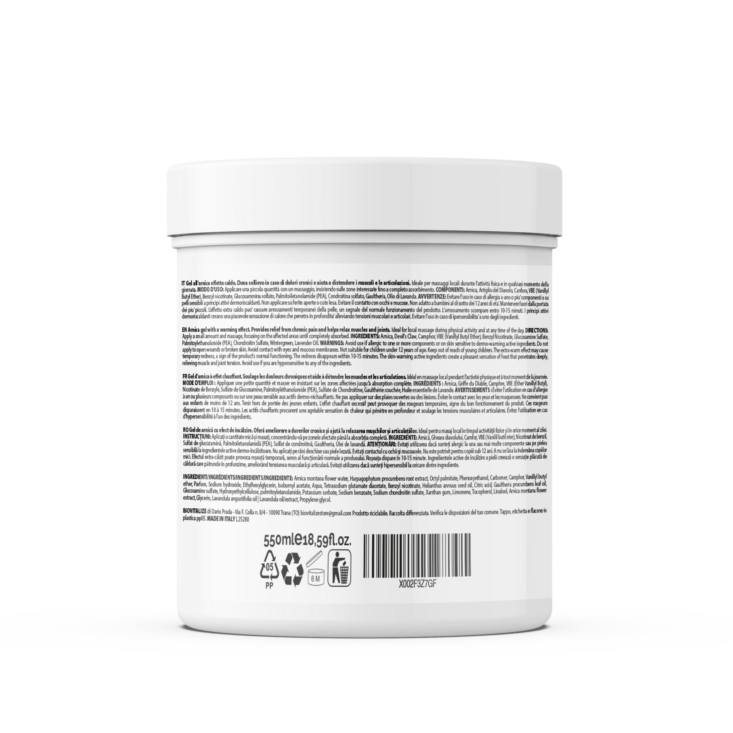 Gel Arnica Effetto Caldo con Artiglio del Diavolo 98% - 550 ML - Made in Italy