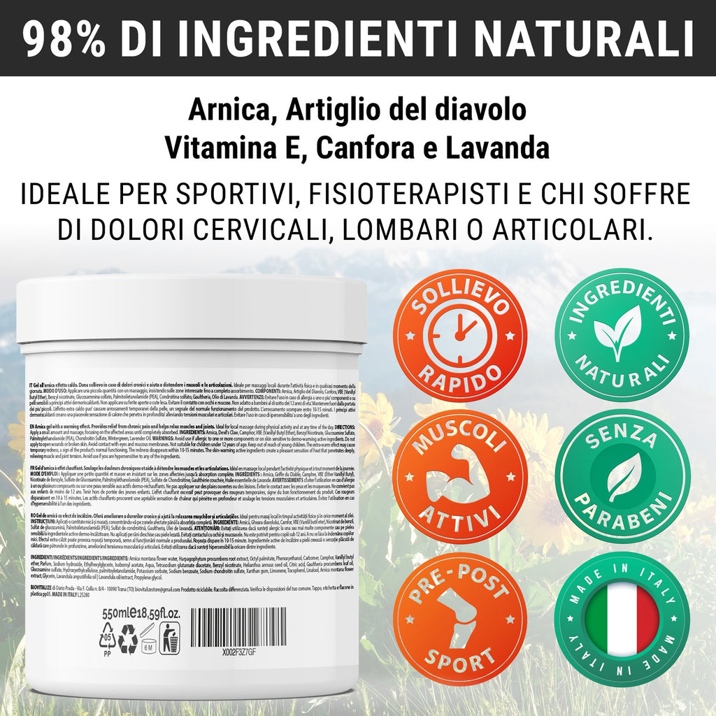 Gel Arnica Effetto Caldo con Artiglio del Diavolo 98% - 550 ML - Made in Italy