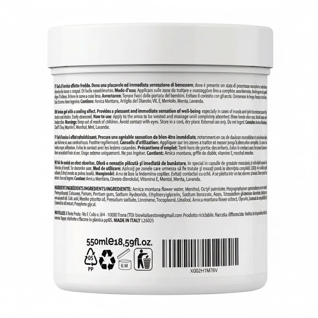 Biovitalize Arnica Gel 98% Effetto freddo sollievo muscolare Made in Italy 550ml